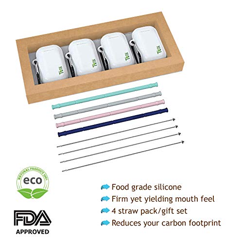 Tinx - Reusable Silicone Straws with Case (Set of 4 Folding, 4 Cleaning Brushes & 4 Pod Travel Cases - //coolthings.us