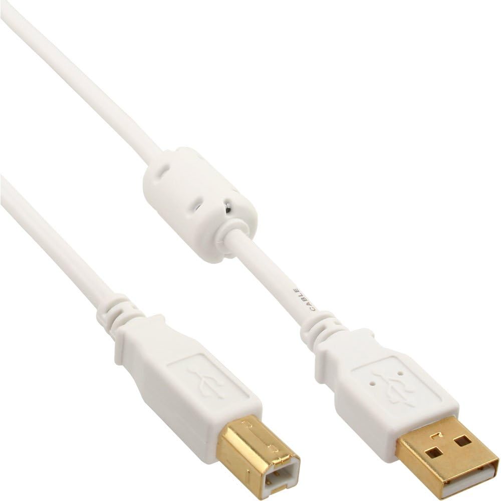 InLine 10m USB 2.0 A to B Cable White/Gold with Ferrite Core - Compatible with Printers