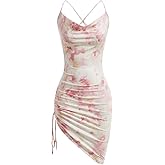 SHENHE Women's Floral Tie Dye Criss Cross Backless Ruched Drawstring Bodycon Cowl Neck Dress