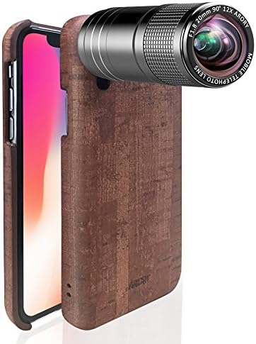 Iphone Telephoto Lens, ARORY Clip On 12x Telephoto Lens + PU Leather Phone Case, Cell Phone Camera Lens for iphone x 10 Only (BROWN)