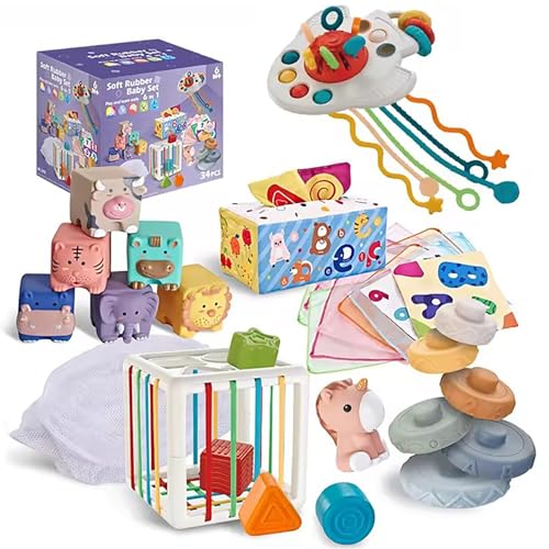 AM ANNA Montessori 6 in 1 Baby Toys for 6-12 Months - Infant Sorter Sensory Bins for Toddlers 1-3, Stacking Blocks, Silicone Teething Toys, Pull String Toy for Boys & Girls - 34pcs
