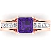 Clara Pucci 14K Rose Gold Wedding Set - Natural Amethyst Solitaire with Accents Engagement Ring and Stackable Simulated Diamond Wedding Band for Women - Bridal Engagement Set