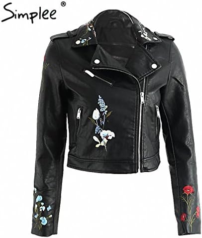 Embroidery black leather jacket women Zipper motorcycle faux leather coat Winter biker jacket outerwear &amp; coats Black M