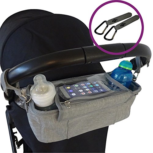BEST Grey STROLLER ORGANIZER Plus 2 x FREE Stroller Hooks & WATERPROOF Cover. UNIVERSAL Fitting For ALL Strollers Plus Exclusive Phone-Flip-Pocket Cell Phone Holder. Must Have Stroller Accessory