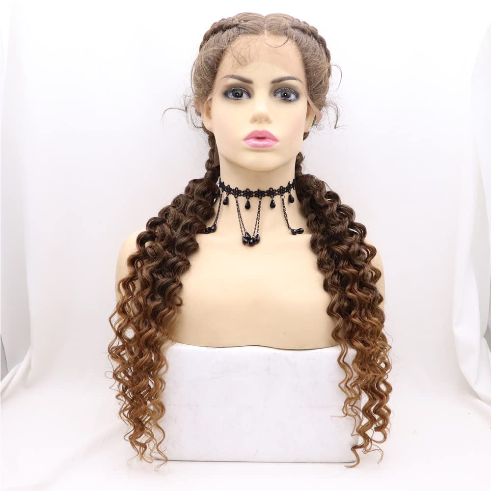 Xiweiya Wigs Long Braided Mixed Brown Wig Ombre Blonde Brown Hair Highlight 2X Double Twist Braided Curly Synthetic 360 Full Lace Front Wig for Women,Drag Queen Halloween Makeup Party