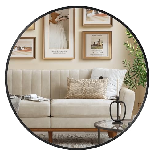 SONGMICS 50cm d Mirror Round Mirror Wall Mirror Metal Frame Easy Mount Modern Bathroom Living Room Bedroom Hallway Entrance Ink Black LWM101BD03