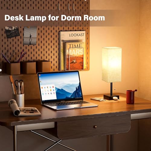 Bedside Table Lamps, Set of 2 - Small Rectangular Nightstand Lamp with AC Outlet Charging Port, 3 Color Temperatures Desk Light with Bulb, Tabletop Reading Lamp for Living Room, Dorm, Office