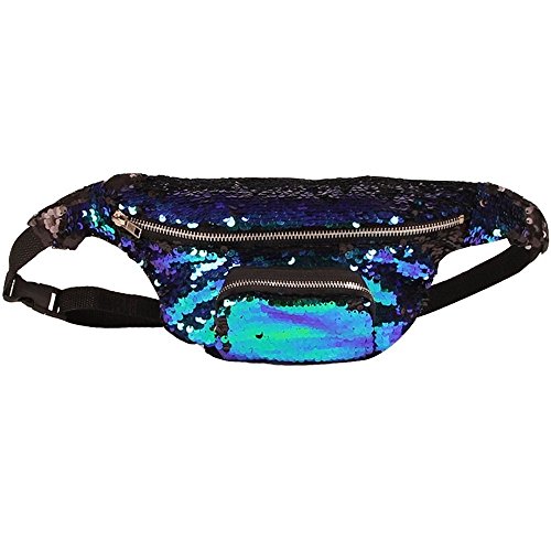 YuKing Unisex Mermaid Sequins Fanny Waist Pack Double Color Beach Waist Bag Casual Sport Outdoor Travel Crossbody Bags (Green/Black) - Thumbnail 4