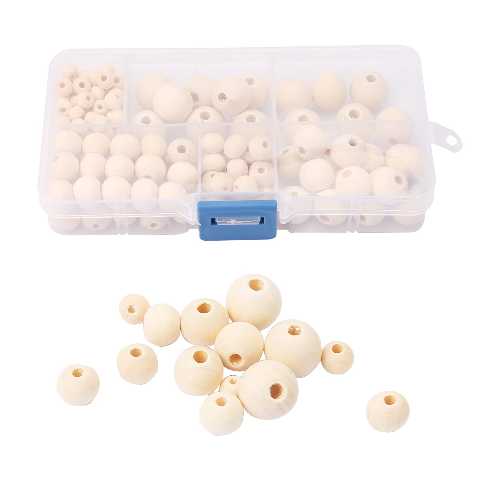 150 Pieces Round Wooden Beads for Crafting, Wooden Balls for Jewellery Crafts with Assortment Box, 5 Sizes, 6mm 8mm 10mm 12mm 14mm