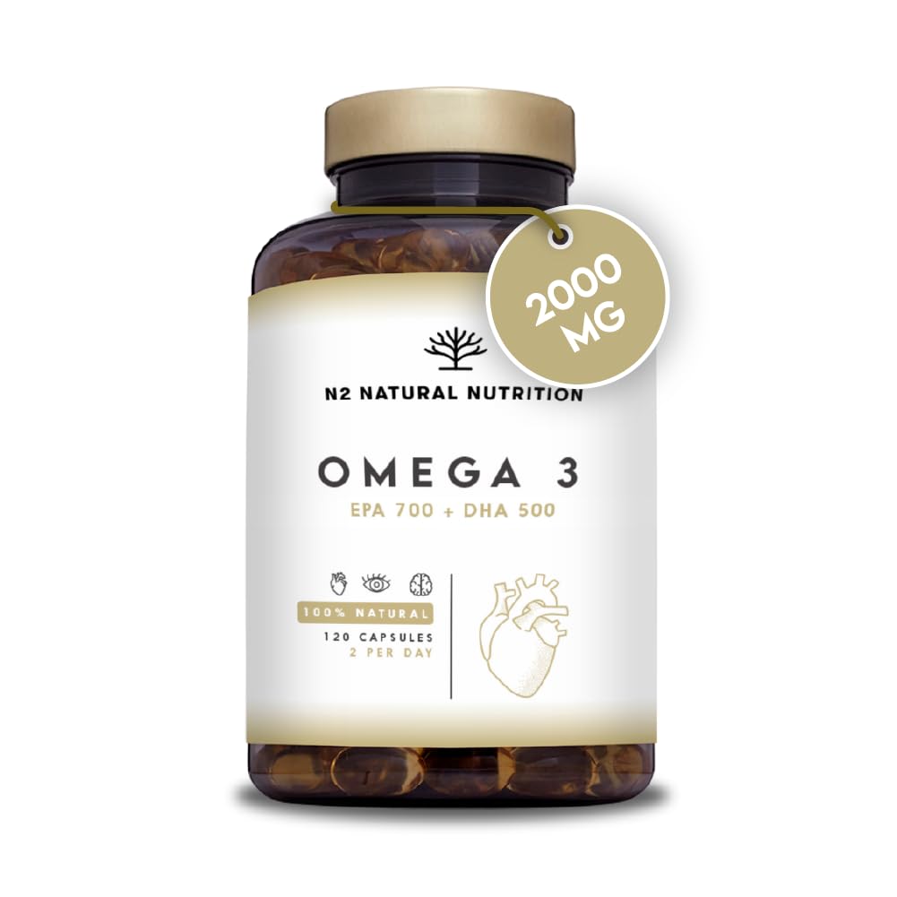 Omega 3 2000mg 700mg EPA + 500mg DHA with Vitamin E, Supports Normal Heart, Brain & Vision Function. Heavy Metal Free. 120 Softgel N2 Natural Nutrition