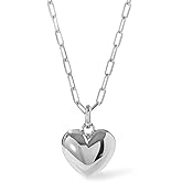 Ana Luisa Lev Puffy Heart Necklace for Women - Paperclip Chain w/ 14K Gold Plated & Silver Rhodium Plated Small Puffed Heart Pendant - Hypoallergenic, Water-Resistant, Tarnish-Free Jewelry