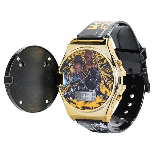 Accutime Marvel Black Panther Wakanda Forever Kids LCD Watch – Flip-Top Light-Up Cover, Digital Display, Adjustable Strap, Avengers Design, Cool Glow Feature, Perfect for Kids – Fits Wrists 5.5” to 8”