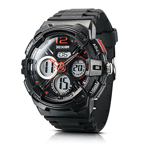 Men’s Sport Watch Chronograph #A2000-KR by IXHIM – Multifunctional, Dual Digital & Analog Time Display Casual Outdoor Watch - Red Accents - 100m 330 ft Water Resistant