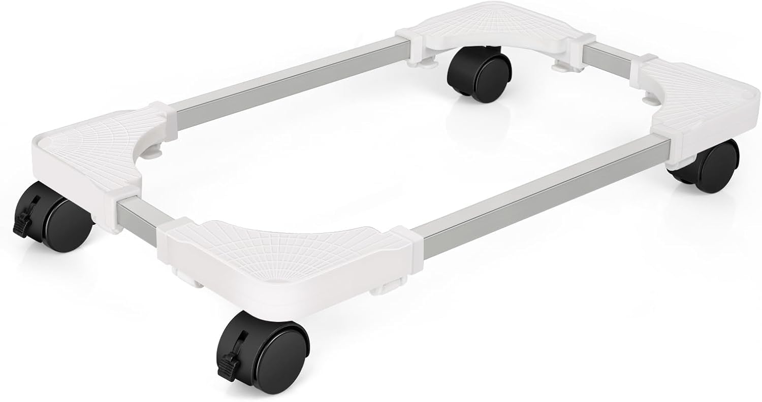 Hmseng Pc Tower Stand, Adjustable Mobile CPU Stand with 4 Rolling Caster Wheels, Fits Most PC Under Desk-White