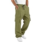 Runcati Mens Cargo Pants Hiking Athletic Joggers Sweatpants Elastic Waist Drawstring Casual Trousers with Multi Pockets
