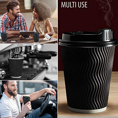 Insulated Disposable Coffee Cups with Lids & Straws 12 oz, 100 Packs - Paper Cups for Hot Beverage Drinks To Go Tea Coffee Home Office Car Coffee Shop Party - FDA Approved (black) - Thumbnail 6