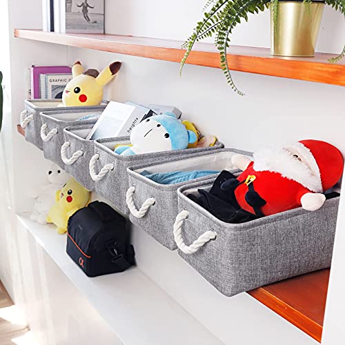 Hgeygyc Foldable Storage Baskets (6 Pack) with Rope Handles, Storage Bins ​for Organizing, Closet, Nursery, Toy, Blanket, Clothes, Grey, 11.22(L) x 7.67(W) x 5.51(H) Inch