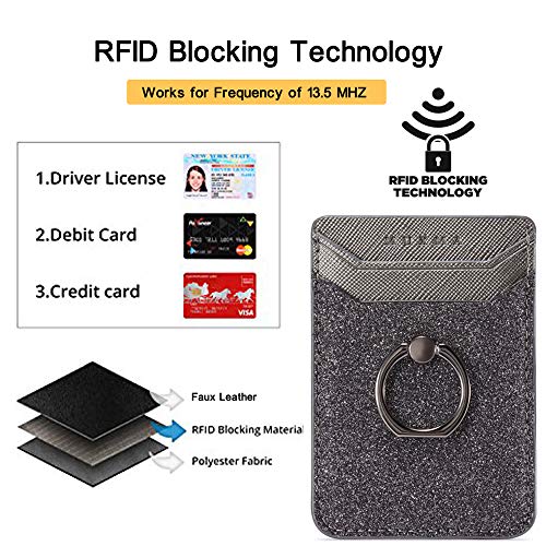 Card Holder for Back of Phone, Acrsikr RFID Blocking Glitter Cell Phone Credit Wallet with Ring Pocket Stick on iPhone