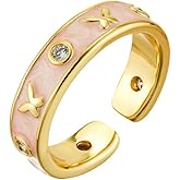 Kokoma Pink Enamel Butterfly Open Statement Ring for Women CZ Crystal Stacking Ring Promise Engagement Rings Adjustable Finger Band Dainty Jewelry Christmas