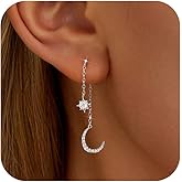 SUYACS 925 Sterling Silver Star and Moon Drop Dangle Earrings for Women Cute Crescent with Cubic Zirconia Celestial Stud Earring Asymmetrical Earring Jewelry Christmas Gifts for Mother Daughter