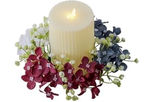 CCUUHJ 2 Pack Artificial Hydrangea Candle Rings Wreaths,Patriotic Red, White and Blue Floral Candle Ring, 3 Inch Center, 4th of July Candlerings for Pillar Candle (Multicolor-2pc)
