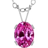 Gem Stone King 14K White Gold Pink Created Sapphire Solitaire Pendant Necklace For Women | 1.65 Cttw | Gemstone September Birthstone | Oval 8X6MM | With 18 Inch Chain