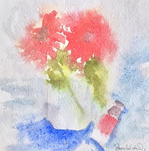 Watercolor Painting, Red Zinnias in a Jam Jar with a Tube of Sennelier Red Watercolor Paint, 7 by 7 inches, Original Work, Not a Print