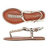 LE MIU METALICA Women T-Strap Gladiator Gold Metallic Chain Flat Sandals
