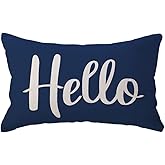 ULOVE LOVE YOURSELF Hello Lumbar Throw Pillow Covers Farmhouse Rustic Decorative Rectangular/Waist Pillowcases 12 x 20 Inch Front/Porch Welcome Decor Cushion Covers Housewarming Gifts (Blue)