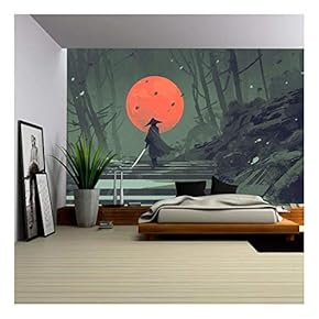 BRAND_NAMEIllustration Samurai Standing on Stairway in Night Forest...