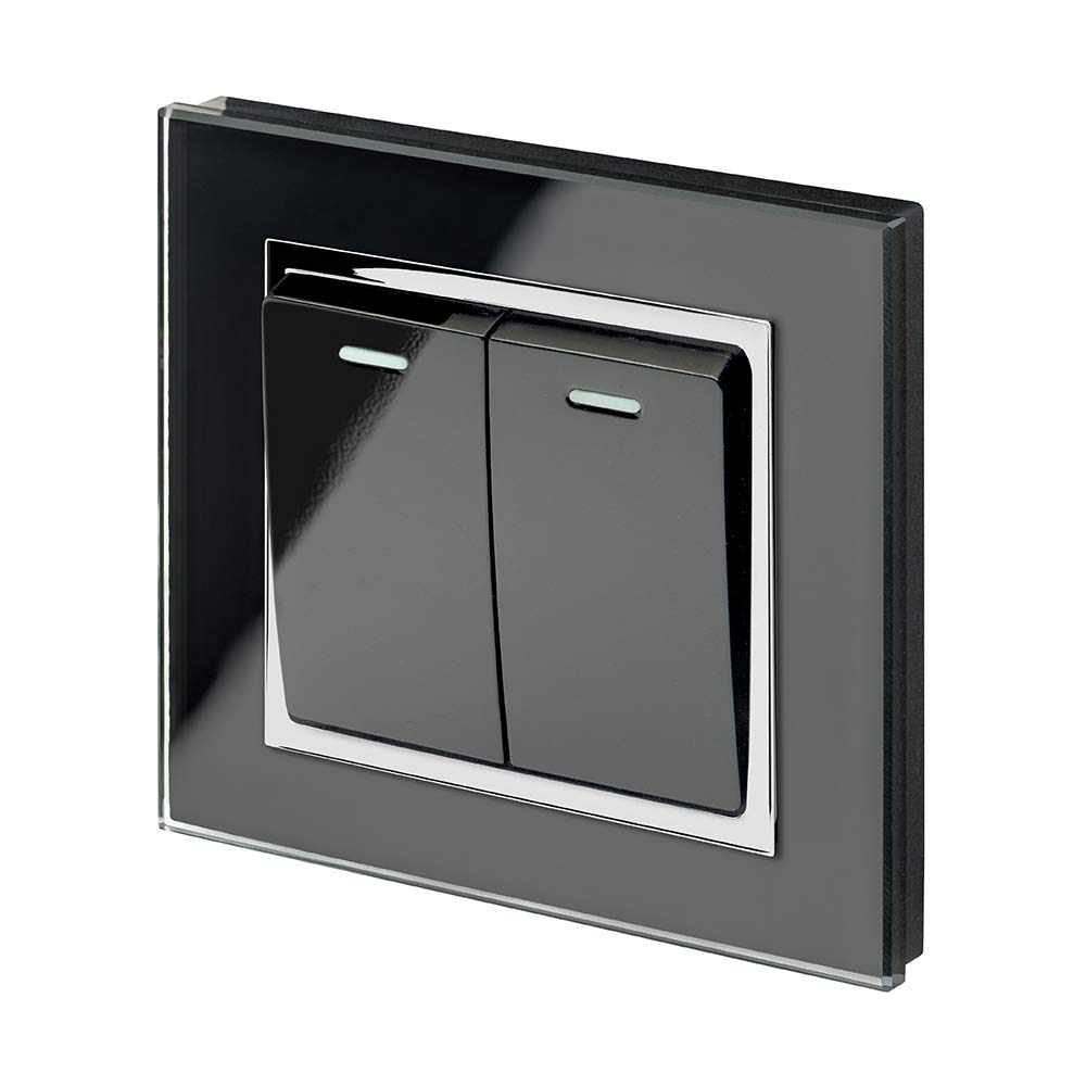 RETROTOUCH RMS22-B Crystal Double Light Switch, Black CHOME Trim, 2-Way, 10AX, Black Glass