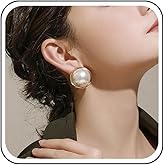 Jugielu Boho Large Round Pearl Earrings Wedding Pearl Stud Earrings Gold Big Bead Disc Earring Minimalist Half Pearls Bridal Earring Party Prom Jewelry for Women