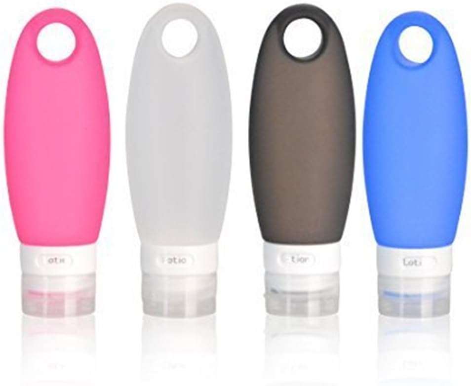Pure Vie Leak Proof Silicone Travel Bottle Set - 3.3oz (98ml) 4 Pack TSA Approved Refillable & Squeezable BPA Free Waterproof Container Luggage Organizer for Shampoo Conditioner Lotion and Toiletries