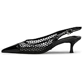 olomisa Mesh Slingback Pumps for Women,Kitten Heels with Pointed Toe Low Heel Sandals Ankle Strap Heels Slip-On Pumps Black