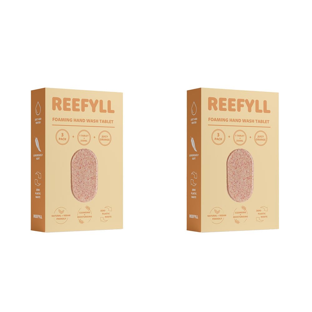 Reefyll Foaming Hand Soap 3 Refill Tablets for Foaming Dispenser only, Dissolvable Plastic Free Hand Wash Pods, Just Add Water to Transform to Velvety Foam, Juicy Orange Scent Duo Pack