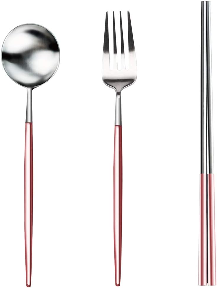 Caldo 3-Piece 18/10 Stainless Steel Flatware Set, Dinner Fork Spoon Chopsticks, Service for 1 - Rose Gold / Silver