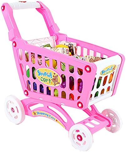 Shopping Cart Toy, KOOLTOYS Kids Supermarket Cart Simulation Shopping Trolley Toy with over 46 Pieces of Fruits, Vegetables, Food, Pretend Play Toy Grocery Cart (musical shopping cart - pink)