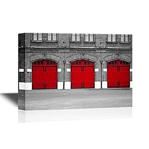 Doors Canvas Wall Art - Facade of an Old Fire Station in Black and White with Red Doors - Gallery Wrap Modern Home Art | Ready to Hang - 12x18 inches