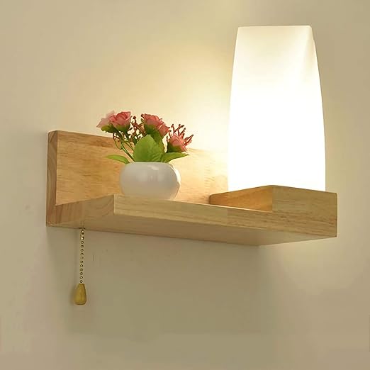 holz wandleuchten mit zugschalter 7w led moderne kreative wandlampe regal bad wandleuchten spiegelleuchte milchglas lampenschirm fur schlafzimmer wohnzimmer flur treppen nachtlicht warme licht amazon de beleuchtung