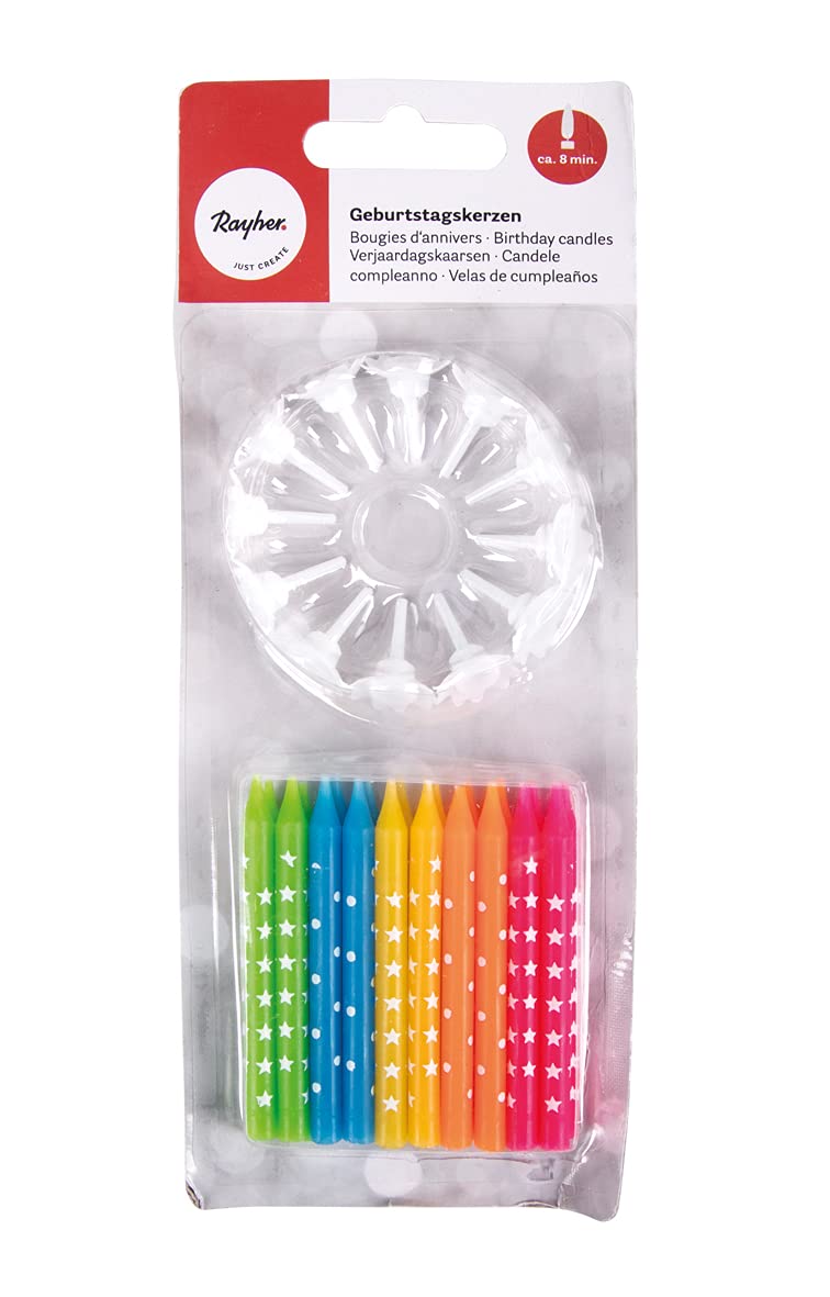 Rayher 31598999 Coloured Birthday Candles with Holders, Party Candles for Cake Decoration, Set of 20 Candles, 6.4cm