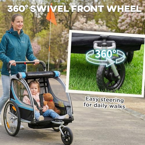 Aosom 2 Seat Bike Trailer for Kids 2-in-1 Double Baby Stroller with Handbrake, Rubber Wheels, 5 Point Harness, Waterproof Cover, Storage Bag, Reflectors