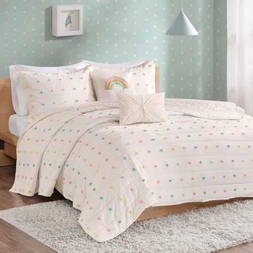 Intelligent Design Kids Quilt Set Cotton Jacquard Weave Colorful Poms Accent Al…