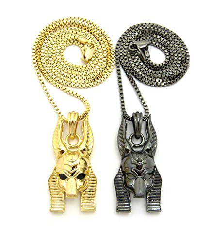 Egyptian Double Anubis Pendant 24",30" Box Chain 2 Necklace Set in Gold, Hematite Tone