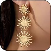 Funky 14K Gold Sun Earrings for Women Trendy, Unique Hippie Sunburst Drop Dangle Hanging Earring Rings Statement Prom Party Accessories Jewelry Gifts