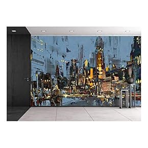 Digital Painting of City at Night with Colorful Lights. - Removable Wall Mural | Self-Adhesive Large Wallpaper - 66x96 inches