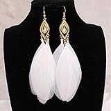 A&C Fashion Bohemia White Feather Dangle Earrings Jewelry for Women, Hot Sell Indiana Feather Eardrop for Girls.