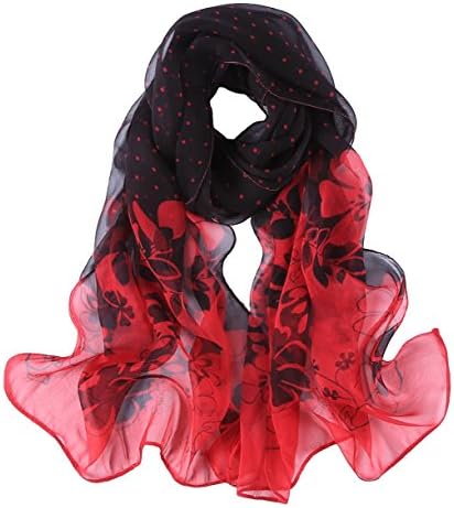 Long Georgette Silk Scarf Floral Print (Black and Red)
