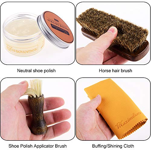 MAXIMILIAN Professional Neutral Shoe Polish & Shine Kit, Horsehair Shoe Brushes/Shoe Polish Applicator Brush/Neutral Shoe Polish(80ML)/Shoehorn/Buffing Shining Cloth for Compact Shoe Cleaning Kit