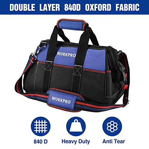 WORKPRO 16-inch Wide Mouth Tool Bag for Men, Heavy Duty Cloth Tool Storage Bag with Water Proof Molded Base, Adjustable Shoulder Strap