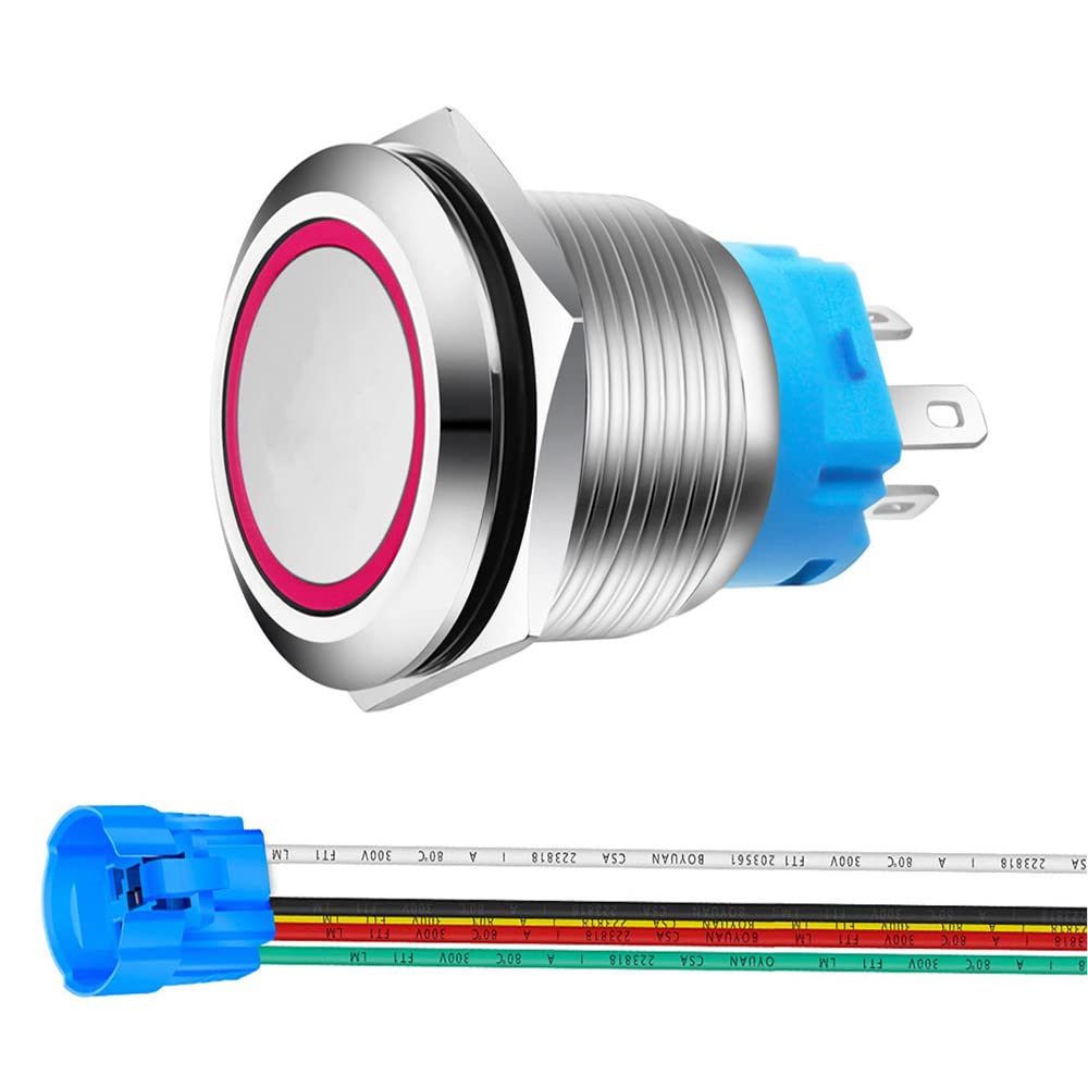 Gebildet 0.87 Inch/22mm Stainless Steel Momentary Push Button 12V-24V 5A LED 1NO1NC SPDT ON Off Waterproof with Wire Socket Plug (Red LED)